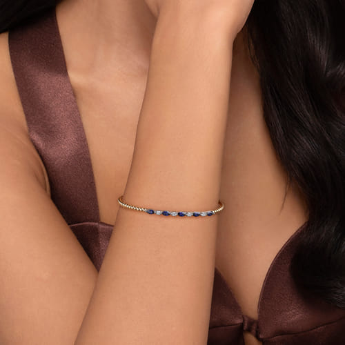14K White & Yellow Gold Bujukan Diamond and Marquise Blue Sapphire Split Bangle Bracelet