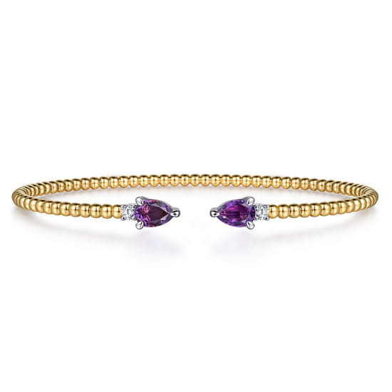 14K White & Yellow Gold Bujukan Open Cuff Bracelet with Amethyst and Diamond End Caps
