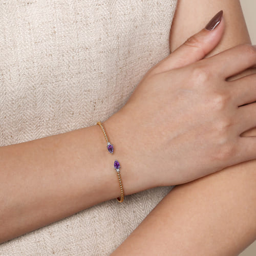 14K White & Yellow Gold Bujukan Open Cuff Bracelet with Amethyst and Diamond End Caps 14K White & Yellow Gold Bujukan Open Cuff Bracelet with Amethyst and Diamond End Caps