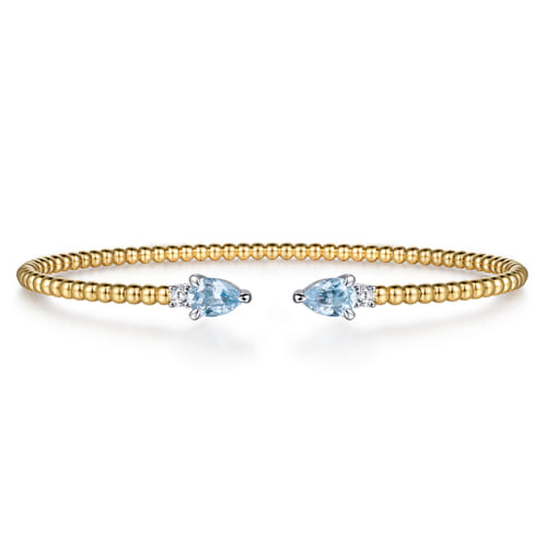 14K White & Yellow Gold Bujukan Open Cuff Bracelet with Aquamarine and Diamond End Caps
