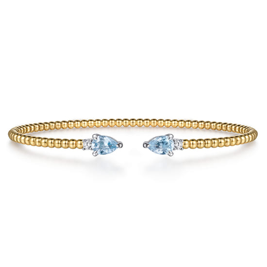 14K White & Yellow Gold Bujukan Open Cuff Bracelet with Aquamarine and Diamond End Caps