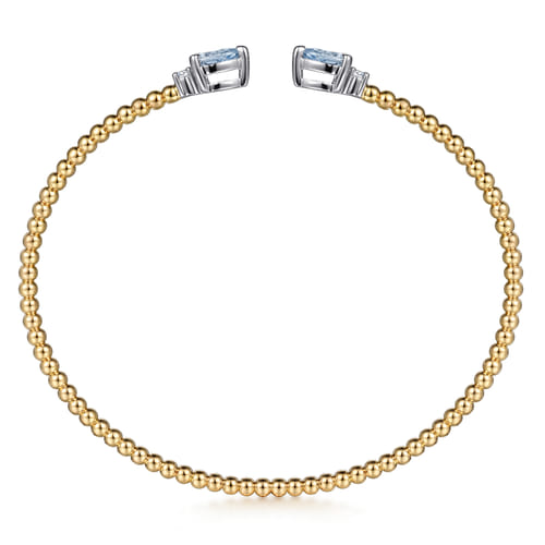 14K White & Yellow Gold Bujukan Open Cuff Bracelet with Aquamarine and Diamond End Caps