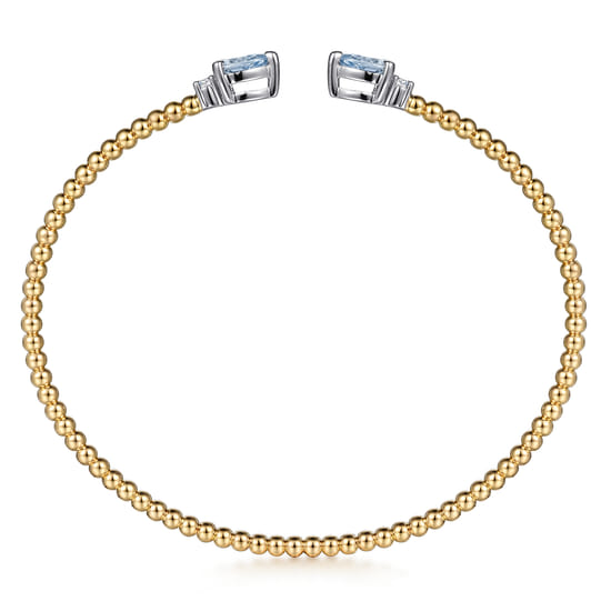 14K White & Yellow Gold Bujukan Open Cuff Bracelet with Aquamarine and Diamond End Caps angle 3