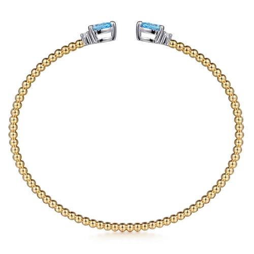 14K White & Yellow Gold Bujukan Open Cuff Bracelet with Blue Topaz and Diamond End Caps