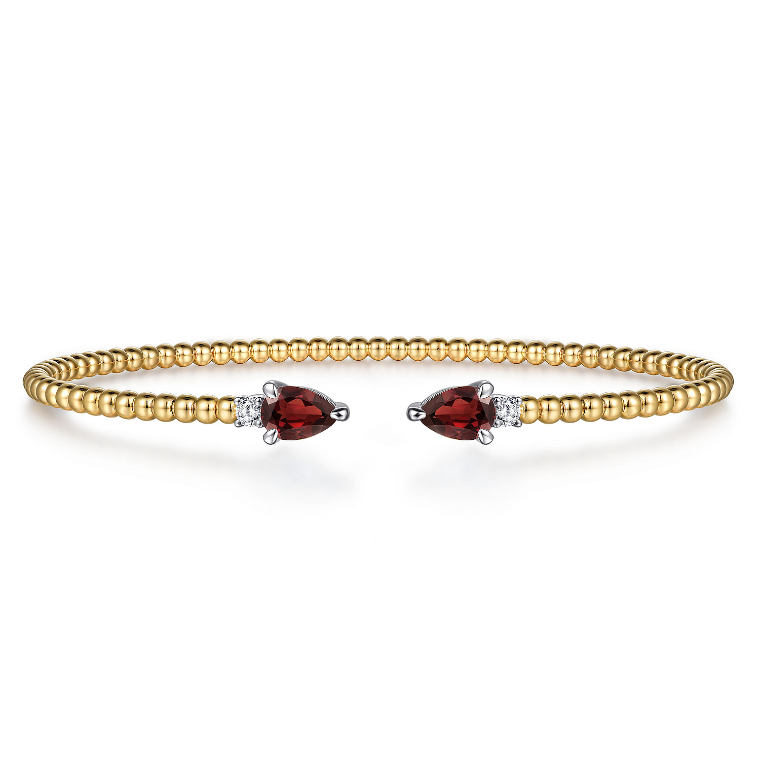 14K White & Yellow Gold Bujukan Open Cuff Bracelet with Garnet and Diamond End Caps