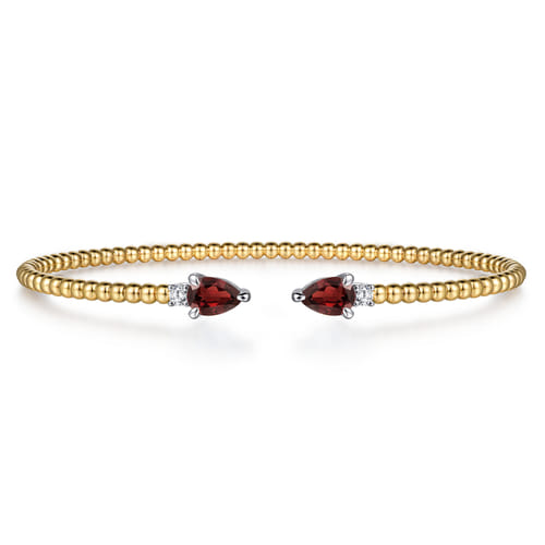 14K White & Yellow Gold Bujukan Open Cuff Bracelet with Garnet and Diamond End Caps 14K White & Yellow Gold Bujukan Open Cuff Bracelet with Garnet and Diamond End Caps