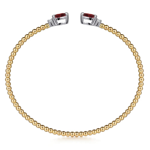 14K White & Yellow Gold Bujukan Open Cuff Bracelet with Garnet and Diamond End Caps 14K White & Yellow Gold Bujukan Open Cuff Bracelet with Garnet and Diamond End Caps