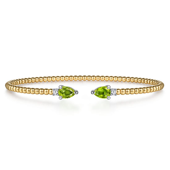 14K White & Yellow Gold Bujukan Open Cuff Bracelet with Peridot and Diamond End Caps