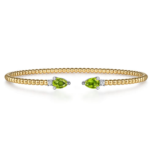 14K White & Yellow Gold Bujukan Open Cuff Bracelet with Peridot and Diamond End Caps 14K White & Yellow Gold Bujukan Open Cuff Bracelet with Peridot and Diamond End Caps