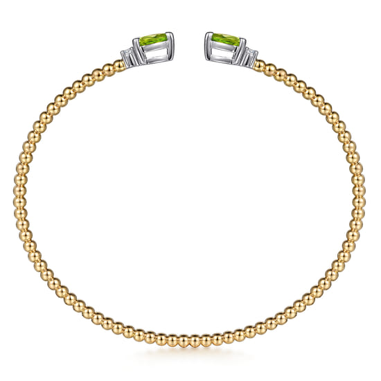 14K White & Yellow Gold Bujukan Open Cuff Bracelet with Peridot and Diamond End Caps angle 3