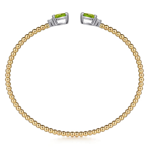 14K White & Yellow Gold Bujukan Open Cuff Bracelet with Peridot and Diamond End Caps 14K White & Yellow Gold Bujukan Open Cuff Bracelet with Peridot and Diamond End Caps