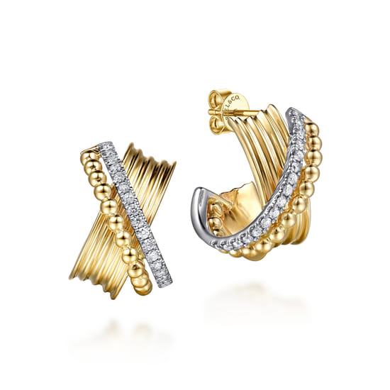Gabriel - 14K White & Yellow Gold Bujukan and Diamond Criss Cross J Hoop Earrings