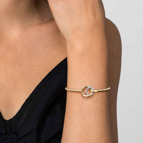 14K White & Yellow Gold Bujukan and Diamond Double Circle Bangle Bracelet