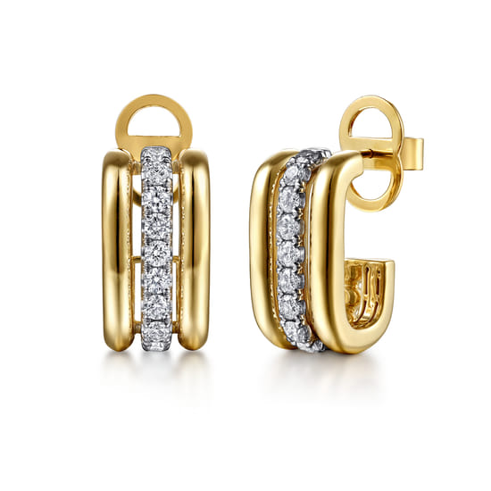 Gabriel - 14K White & Yellow Gold Bujukan and Diamond J Hoop Stud Earrings Gabriel - 14K White & Yellow Gold Bujukan and Diamond J Hoop Stud Earrings