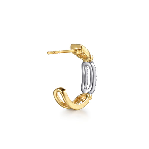 14K White & Yellow Gold Bujukan and Diamond Link  Intricate Hoop Earrings