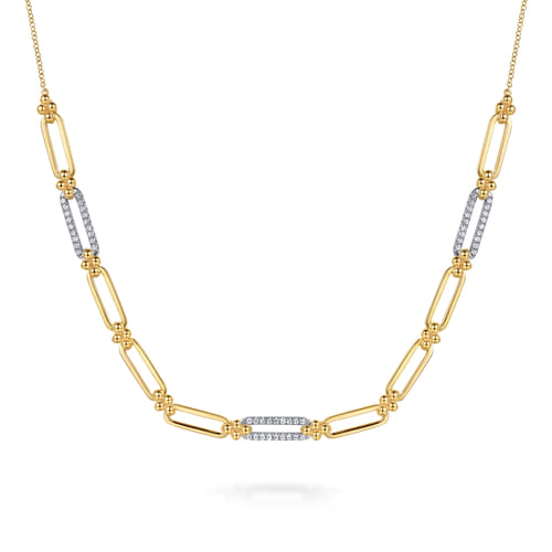 14K White & Yellow Gold Bujukan and Diamond Link Bar Necklace