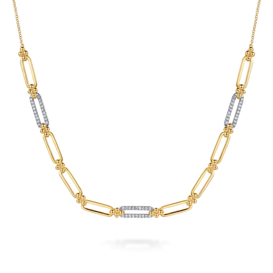 Gabriel - 14K White & Yellow Gold Bujukan and Diamond Link Bar Necklace Gabriel - 14K White & Yellow Gold Bujukan and Diamond Link Bar Necklace