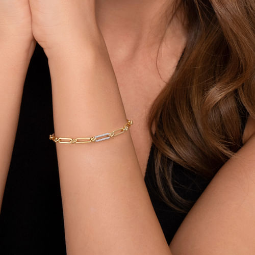 14K White & Yellow Gold Bujukan and Diamond Link Chain Bracelet