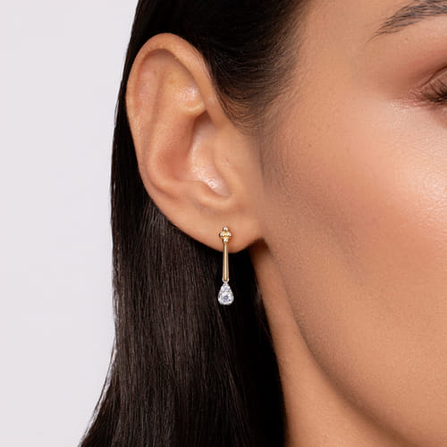 14K White & Yellow Gold Bujukan and Diamond Teardrop Stud Drop Earrings