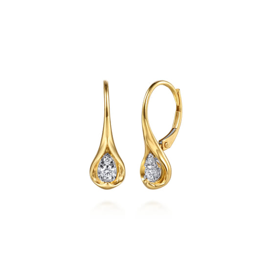 14K White & Yellow Gold Diamond  Pear Leverback Earrings