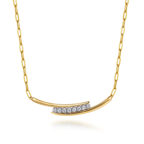 14K White & Yellow Gold Diamond Bar Necklace With Hollow Paperclip Chain