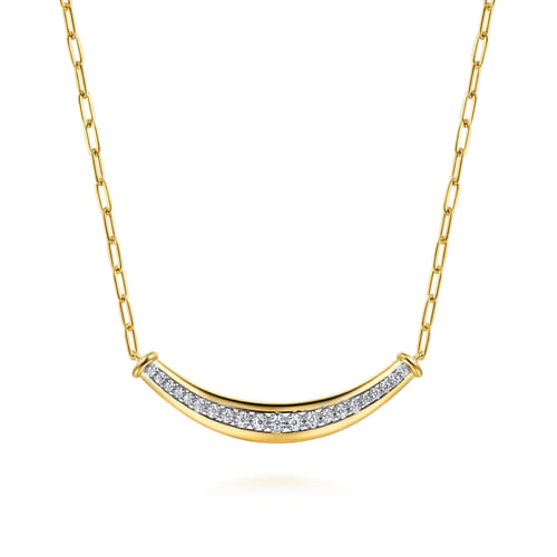 14K White & Yellow Gold Diamond Bar Necklace With Hollow Paperclip Chain 14K White & Yellow Gold Diamond Bar Necklace With Hollow Paperclip Chain