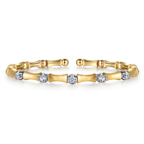 14K White & Yellow Gold Diamond Brush Finish Bamboo Bangle Bracelet
