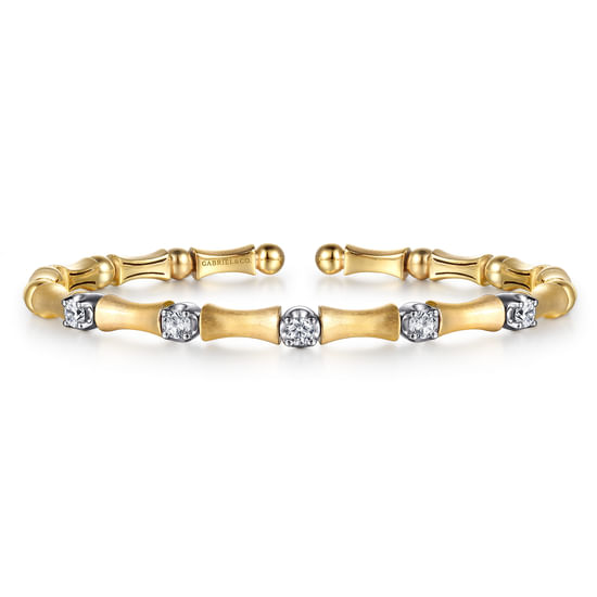 Gabriel - 14K White & Yellow Gold Diamond Brush Finish Bamboo Bangle Bracelet
