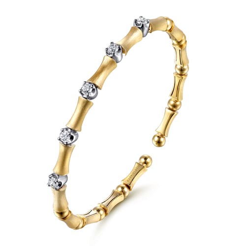 14K White & Yellow Gold Diamond Brush Finish Bamboo Bangle Bracelet
