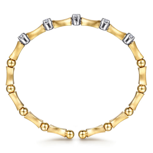 14K White & Yellow Gold Diamond Brush Finish Bamboo Bangle Bracelet