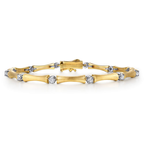 14K White & Yellow Gold Diamond Brush Finish Bamboo Tennis Bracelet