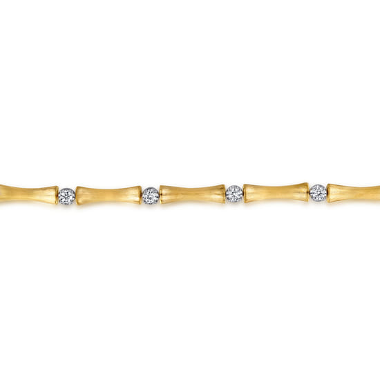 14K White & Yellow Gold Diamond Brush Finish Bamboo Tennis Bracelet angle 2