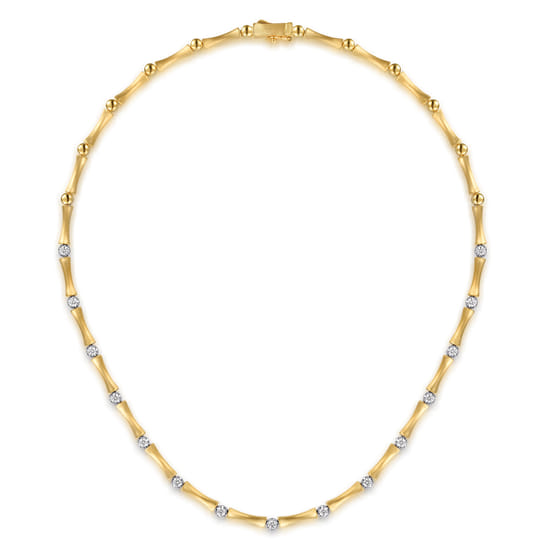 14K White & Yellow Gold Diamond Brush Finish Bamboo Tennis Necklace angle 2 14K White & Yellow Gold Diamond Brush Finish Bamboo Tennis Necklace angle 2
