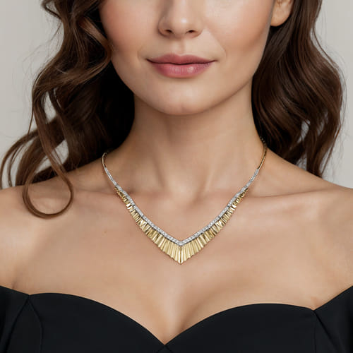 14K White & Yellow Gold Diamond Chevron Necklace