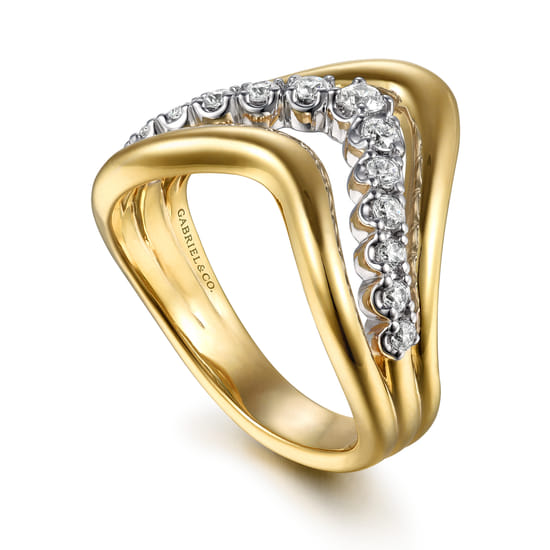 14K White & Yellow Gold Diamond Chevron Ring angle 3