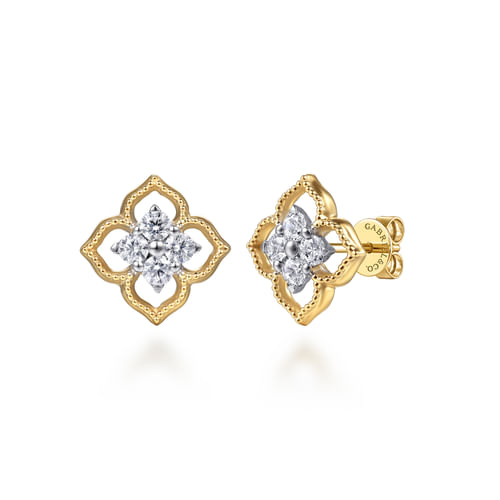 14K White & Yellow Gold Diamond Clover Stud Earrings