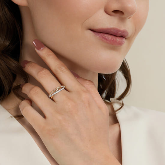 14K White & Yellow Gold Diamond Criss Cross Ring- Bujukan angle 6 14K White & Yellow Gold Diamond Criss Cross Ring- Bujukan angle 6