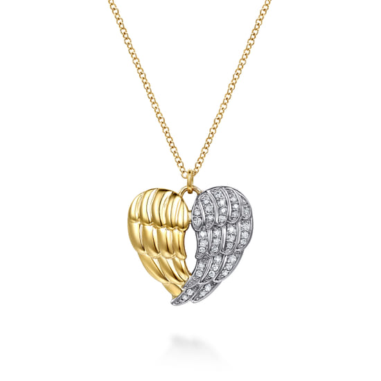 14K White & Yellow Gold Diamond Heart Angel Wing Pendant Necklace
