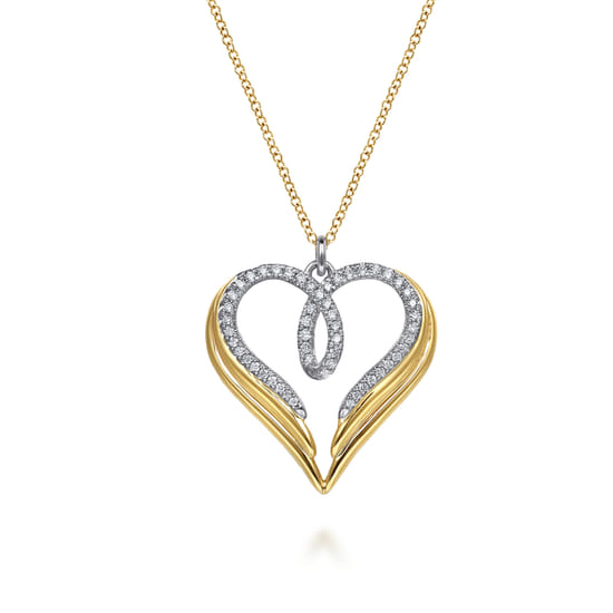 14K White & Yellow Gold Diamond Heart Angel Wing Pendant Necklace
