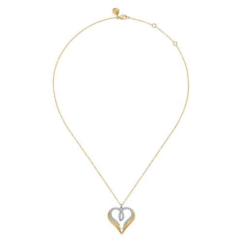 14K White & Yellow Gold Diamond Heart Angel Wing Pendant Necklace