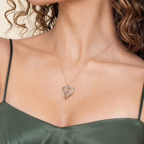 14K White & Yellow Gold Diamond Heart Angel Wing Pendant Necklace