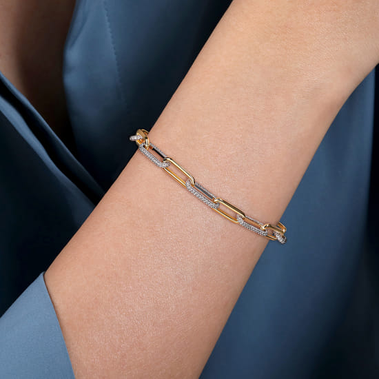 14K White & Yellow Gold Diamond Link Chain Bracelet angle 3