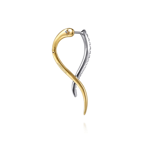 14K White & Yellow Gold Diamond Spike Bypass Hoop Earrings angle 2 14K White & Yellow Gold Diamond Spike Bypass Hoop Earrings angle 2