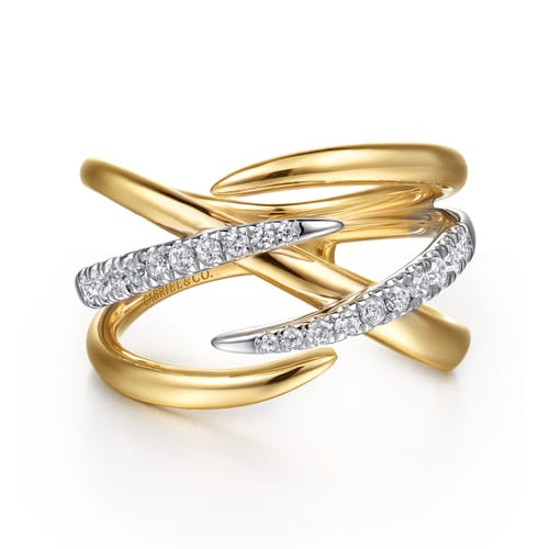 14K White & Yellow Gold Diamond Spike Cross Cross Ring