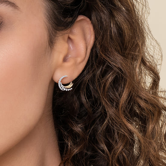 14K White & Yellow Gold Diamond Swirl Bypass Hoop Earrings angle 3