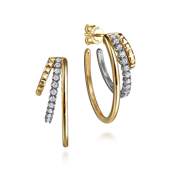 14K White & Yellow Gold Diamond Three Row J Hoop Stud Earrings