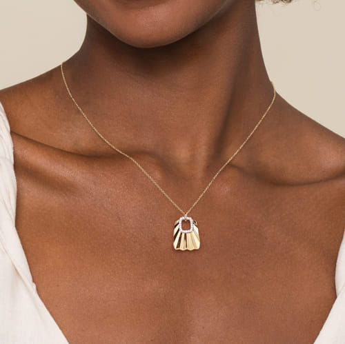 14K White & Yellow Gold Diamond and Diamond Cut Pendant Drop Necklace 14K White & Yellow Gold Diamond and Diamond Cut Pendant Drop Necklace