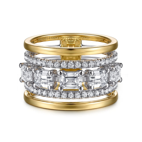 14K White & Yellow Gold Emerald Cut Diamond Easy Stackable Ring