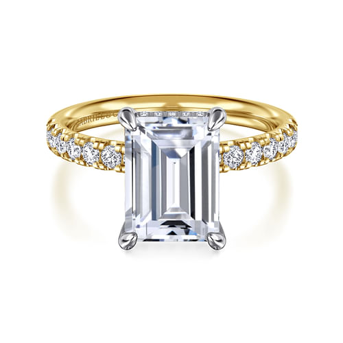 14K White- Yellow Gold Emerald Cut Hidden Halo Diamond Engagement Ring