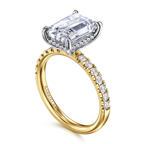 14K White- Yellow Gold Emerald Cut Hidden Halo Diamond Engagement Ring
